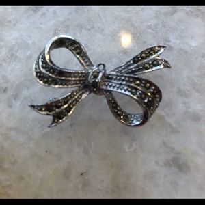 Vintage Silver Marcasite Bow Pin, 1.5” long.  Bail loop to convert to necklace.